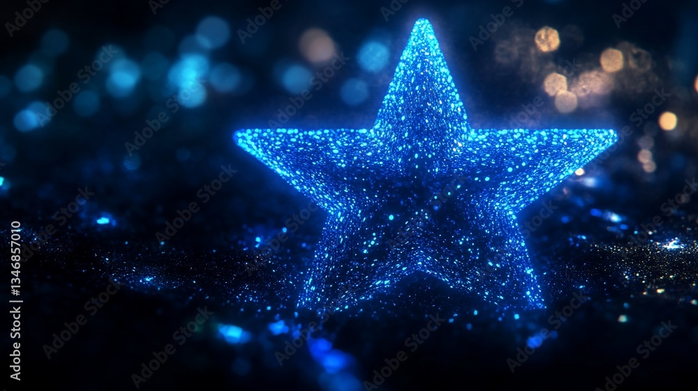 Glowing Blue Star on Dark Glittery Surface Glowing Blue Star on Dark Glittery Surface