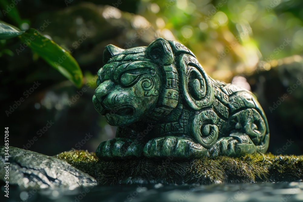Intricate jade jaguar statue rests on moss-covered rocks near a tranquil stream, showcasing ancient Mayan artistry. Intricate jade jaguar statue rests on moss-covered rocks near a tranquil stream, showcasing ancient Mayan artistry.