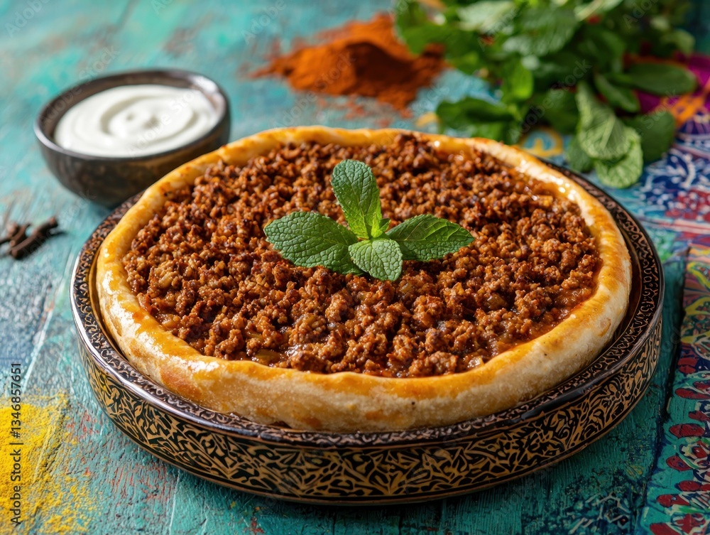 Savory Middle Eastern Meat Pie Topped with Fresh Mint on a Vibrant Textured Surface Savory Middle Eastern Meat Pie Topped with Fresh Mint on a Vibrant Textured Surface