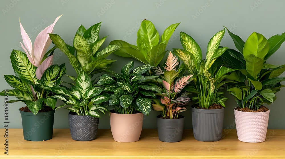 Fototapeta premium Colorful Houseplants in Pots on Shelf.