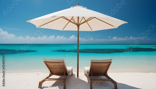 Wallpaper Mural Two Wooden Beach Chairs Under Umbrella on White Sand Tropical Beach Torontodigital.ca