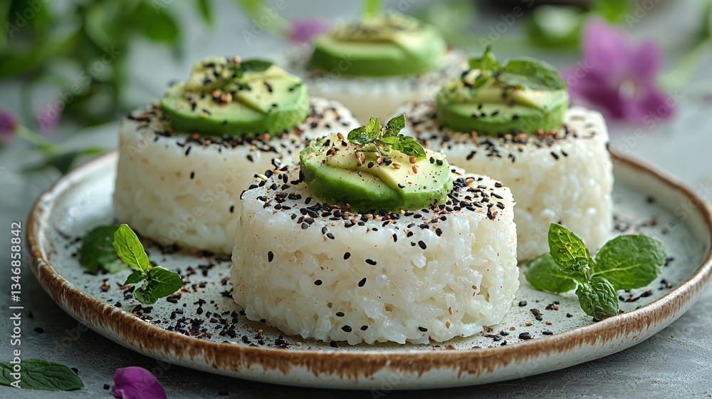 Fresh Rice Cakes Topped with Avocado and Mint Leaves, Garnished with Sesame Seeds and Edible Flowers Fresh Rice Cakes Topped with Avocado and Mint Leaves, Garnished with Sesame Seeds and Edible Flowers