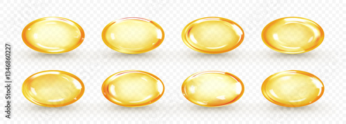 Golden oil capsule set isolated on transparent background. Realistic shiny medicine pills with fish oil or omega 3. Vitamin supplement. 3D vector illustration