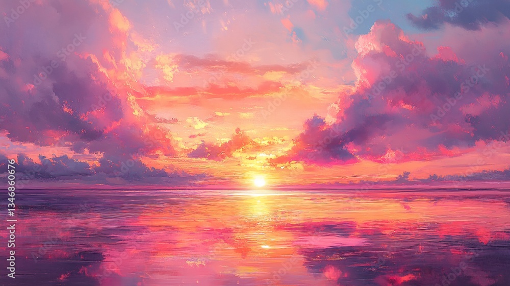 Obraz premium Vibrant Sunset Reflection over Tranquil Waters with Dramatic Clouds