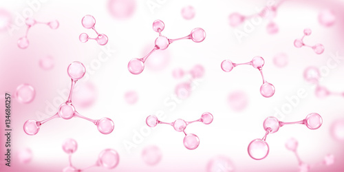 Molecules or atoms on pink background. Concept of biochemical, pharmaceutical, beauty, medical. Science or medical background. Vector 3d illustration