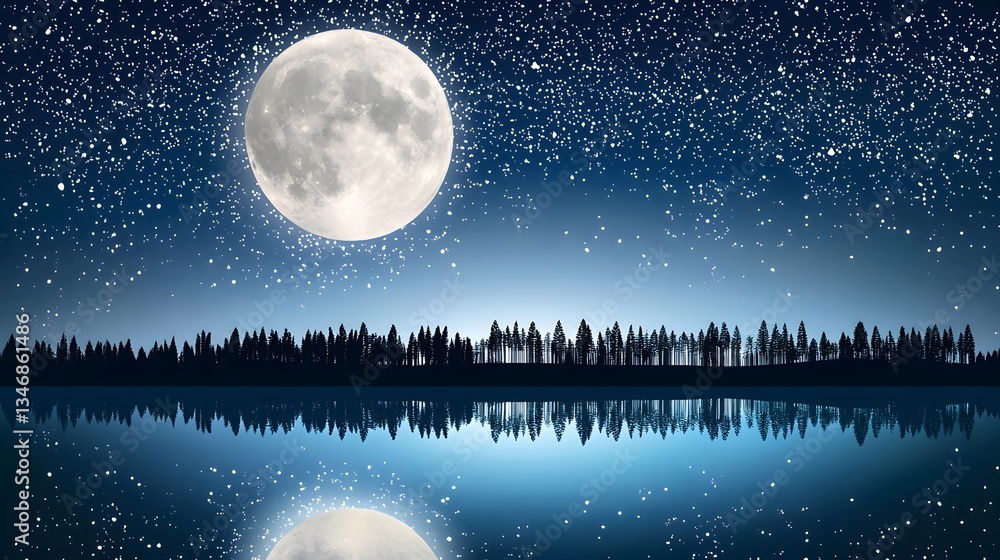 Naklejka premium Silhouetted Crowd Under Starry Sky with Full Moon Reflected on Calm Water Surface