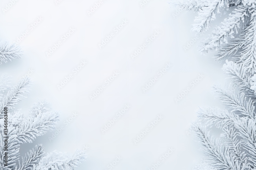 Obraz premium Winter Snow Covered Pine Branches Frame White Background Festive Holiday Card Design