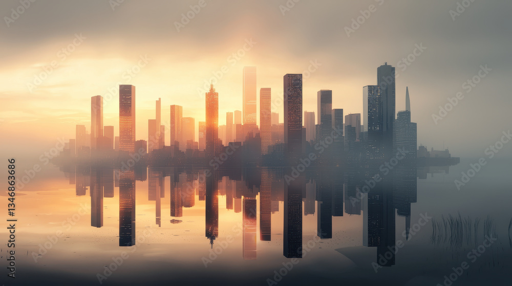 futuristic city skyline is reflected in calm water at sunrise, creating serene and modern atmosphere futuristic city skyline is reflected in calm water at sunrise, creating serene and modern atmosphere