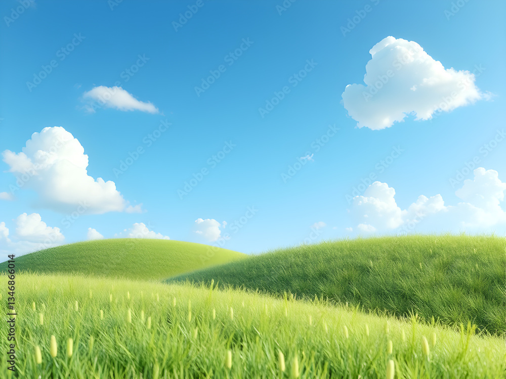 a serene landscape features rolling green hills and fluffy white clouds against a bright blue sky. a serene landscape features rolling green hills and fluffy white clouds against a bright blue sky.