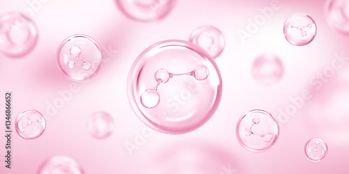 Molecule inside bubble on pink background. Collagen serum drops. Cosmetic essence. Concept skin care cosmetics solution. Vector illustration