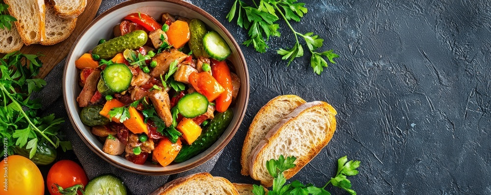 Elegant rustic bowl of pickled vegetable salad with fresh parsley and bread on dark texture background Elegant rustic bowl of pickled vegetable salad with fresh parsley and bread on dark texture background