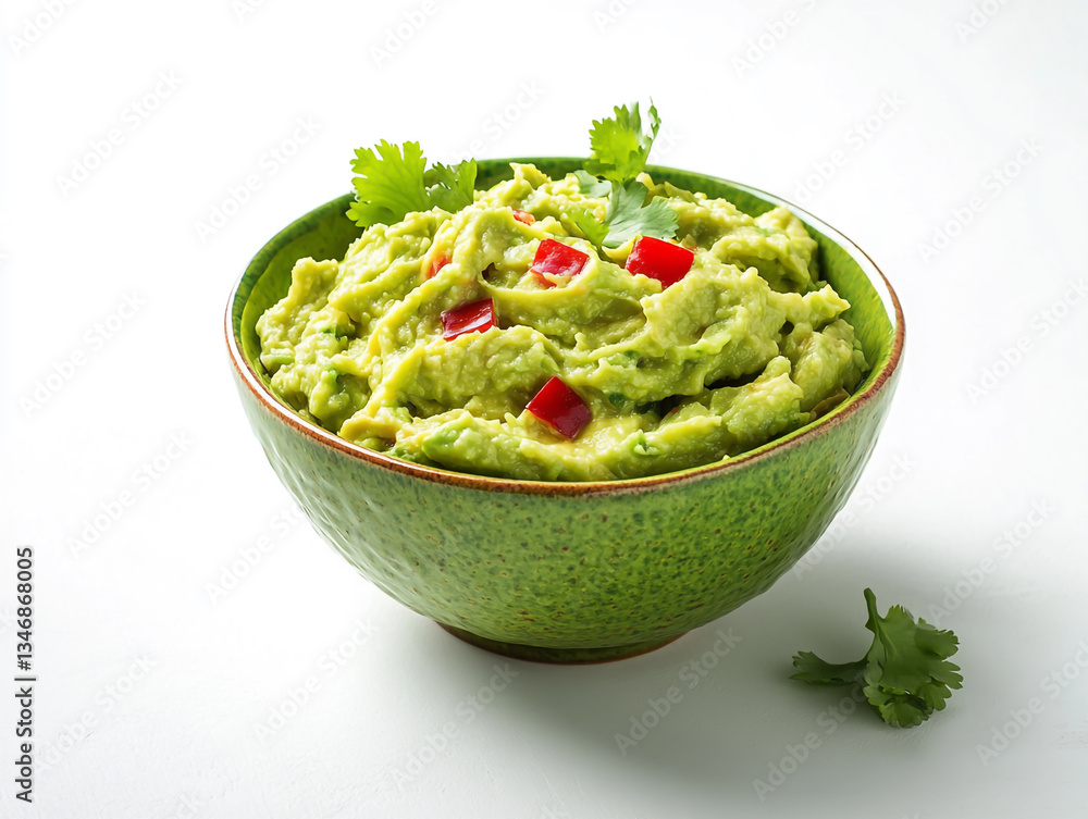 Photo of mashed avocado guacamole in a green bowl on a white background. Photo of mashed avocado guacamole in a green bowl on a white background.