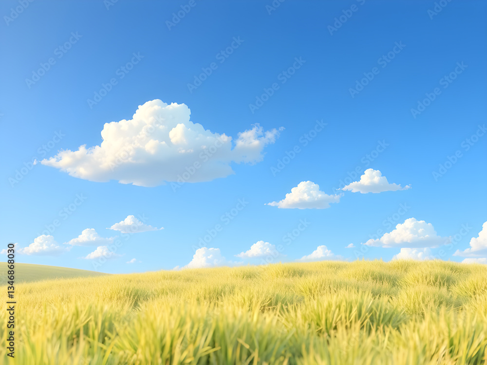 a serene landscape features rolling green hills and fluffy white clouds against a bright blue sky. a serene landscape features rolling green hills and fluffy white clouds against a bright blue sky.