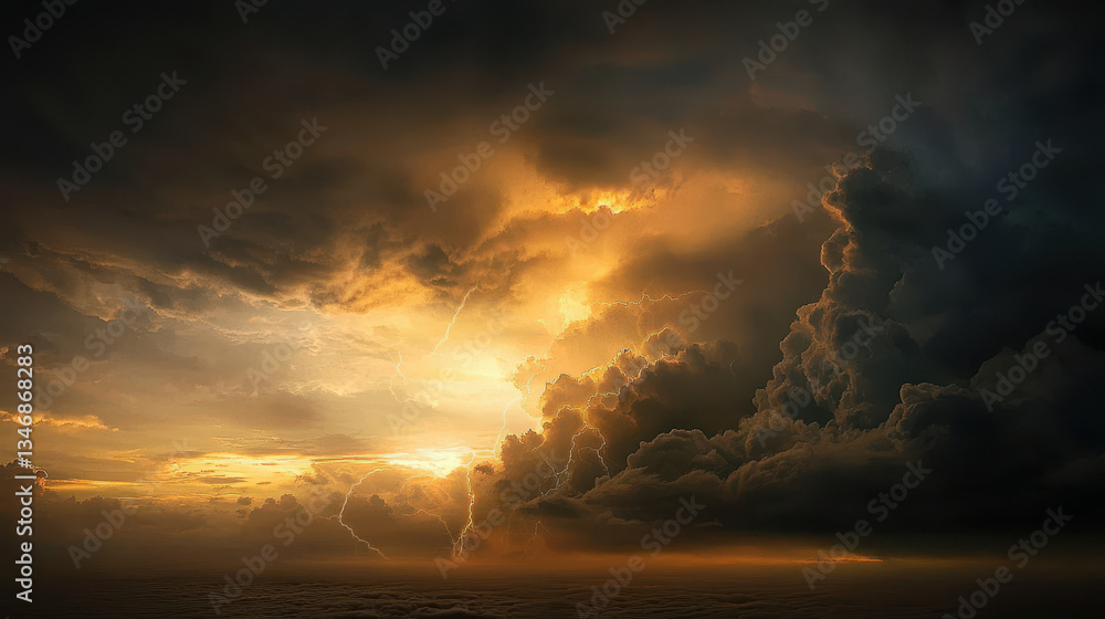 Obraz premium dramatic sky with dark storm clouds and bright lightning illuminates horizon, creating ethereal atmosphere