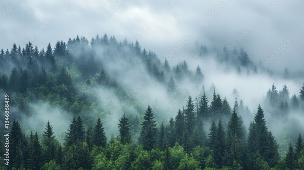 Misty Mountain Forest Coniferous Trees in Fog. Misty Mountain Forest Coniferous Trees in Fog.