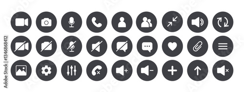 Icon Videocall. Set of video chat and user interface symbols. Phone, sound, microphone, camera, call buttons isolated on white background. Vector illustration in flat style.