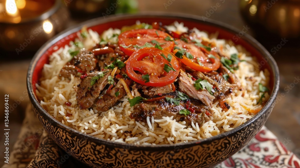 Delicious flavorful rice pilaf with succulent roasted meat and vibrant tomato garnish in moody lighting Delicious flavorful rice pilaf with succulent roasted meat and vibrant tomato garnish in moody lighting