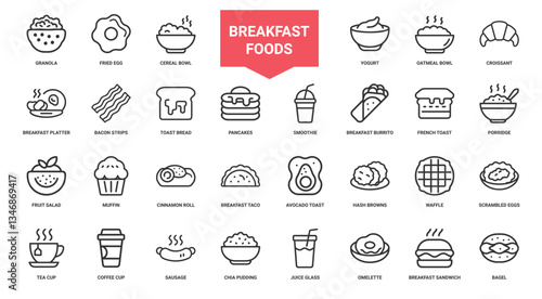 collection breakfast food icons platters bacon toast pancakes smoothies, Fruit salad taco Breakfast roll Cinnamon Muffin