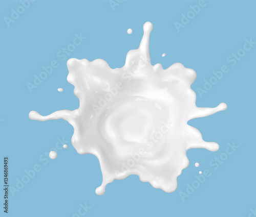 Milk splash isolated on blue background. Natural dairy product, yogurt or cream splash with flying drops. Realistic Vector illustration