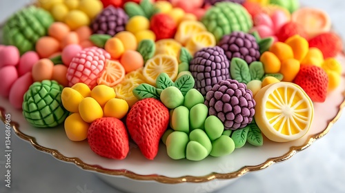 Intricate marzipan fruits bright colors arranged on a porcelain plate capturing the almond sweet artistry of this confection