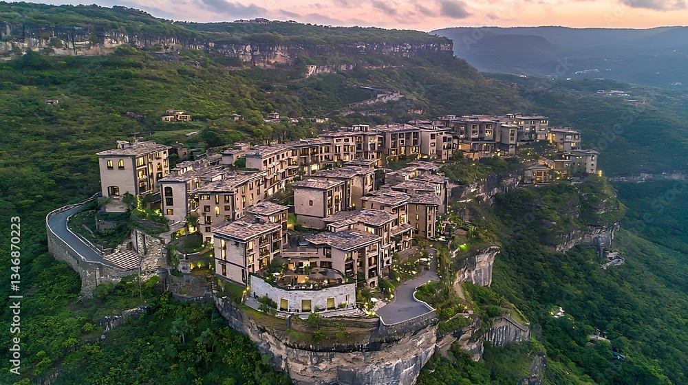 Naklejka premium Scenic Aerial View of Luxury Resort on Clifftop at Sunrise