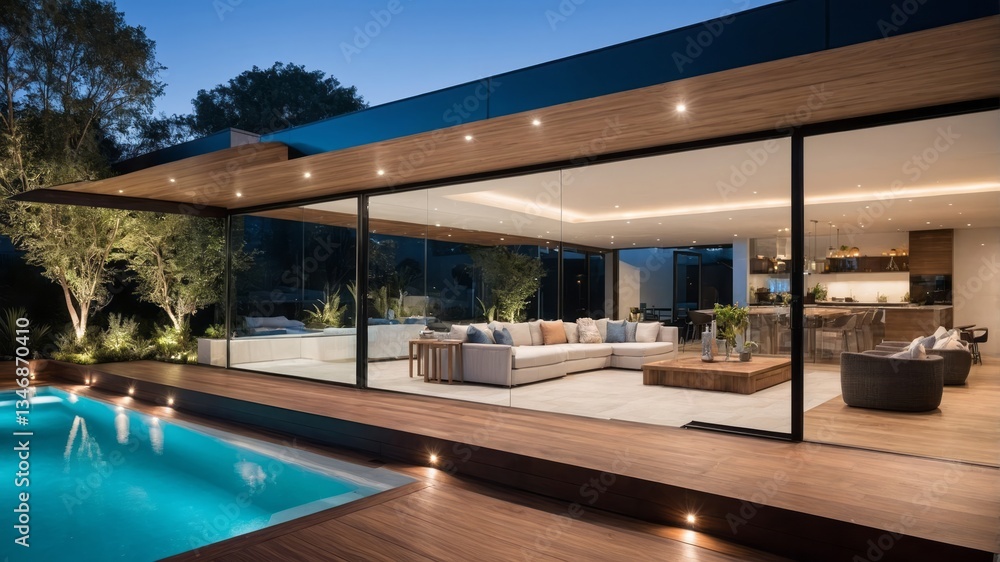 Fototapeta premium Modern home with pool and glass walls at dusk