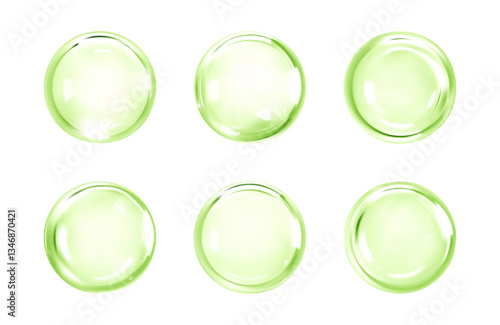Transparent green liquid bubbles. Cosmetic oil, serum or essence. Skincare product. Concept skin care cosmetics solution. Vector illustration