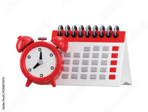 Paper spiral wall calendar and alarm clocks icon 3d render concept of Calendar and alarm clocks on Schedule, appointment, organizer, timesheet, time management, important date