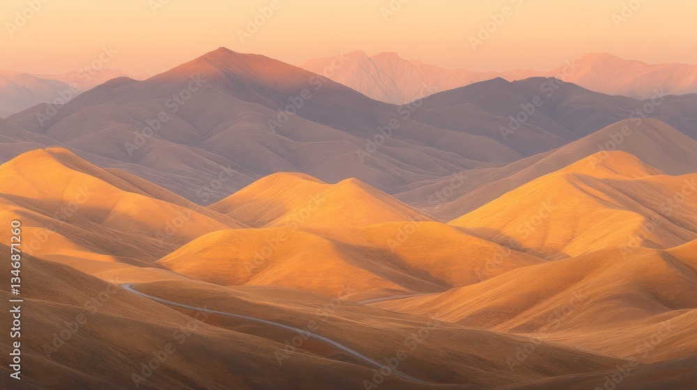 Naklejka premium Golden hour illuminates rolling hills and winding road in a mountain range.