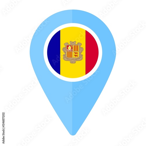 Free Download An icon featuring the design of the Andorran flag, integrated into the shape of a GPS location pin or marker, isolated on white background.  - GFXLoad