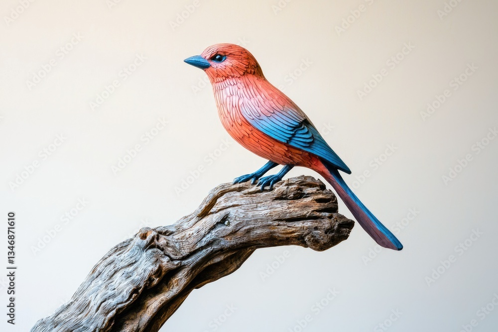 Fototapeta premium A vibrant hand-carved wooden bird, perched gracefully on a weathered branch, showcases intricate detailing and a captivating color palette.