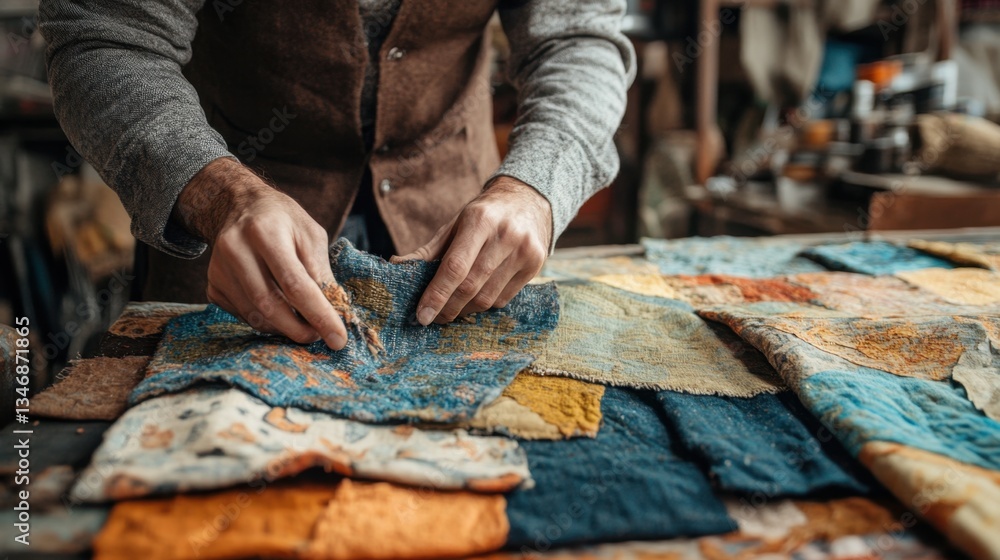 A designer carefully arranges colorful fabrics on a workspace, showcasing various textures and patterns in a creative upcycling process A designer carefully arranges colorful fabrics on a workspace, showcasing various textures and patterns in a creative upcycling process