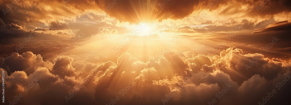 Fototapeta premium Golden sun rays pierce through dramatic storm clouds, creating breathtaking and serene sky