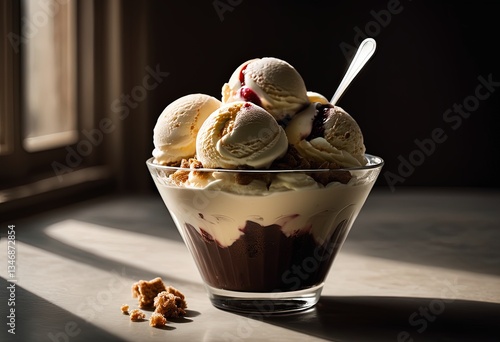 A sundae with vanilla ice cream chocolate sauce and cookie crumbles is in a glass dish.