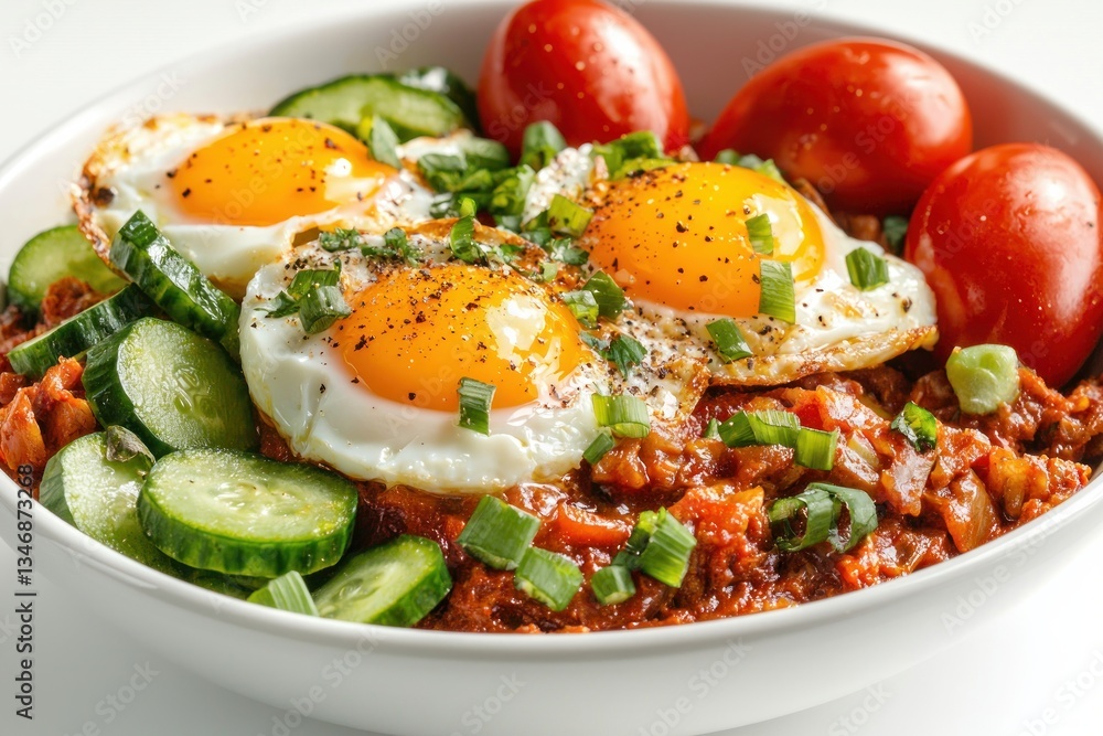 Delicious breakfast bowl with fried eggs cucumber tomato and red sauce capturing healthy meal and vibrant colors Delicious breakfast bowl with fried eggs cucumber tomato and red sauce capturing healthy meal and vibrant colors