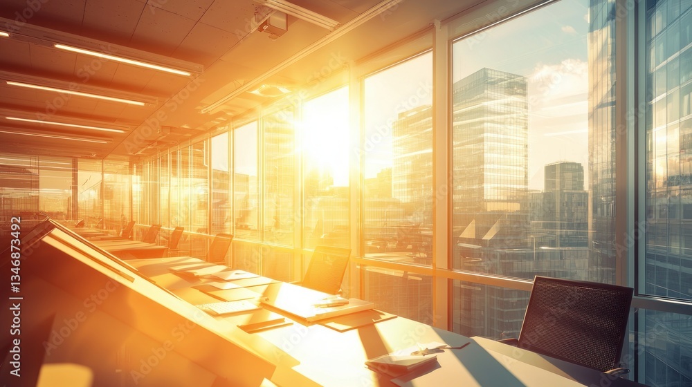 Fototapeta premium Bright sunlight streams into a modern office conference room with scenic city skyline view