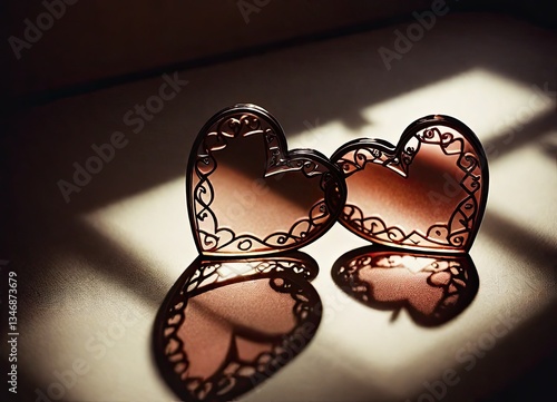 Two Rose-Gold Filigree Heart-Shaped Objects with Shadows