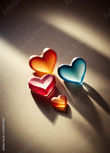 Four Translucent Heart-Shaped Objects on Beige Surface