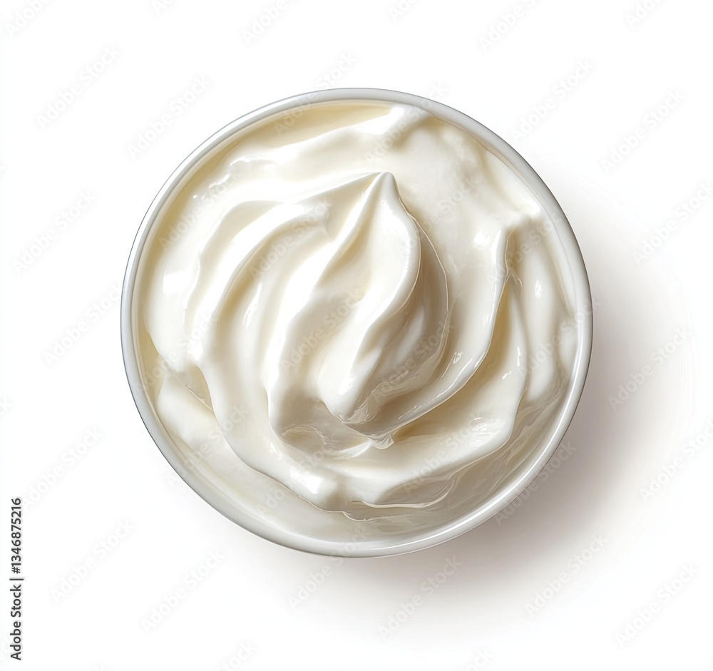 Creamy yogurt in white bowl, top view on white background Creamy yogurt in white bowl, top view on white background