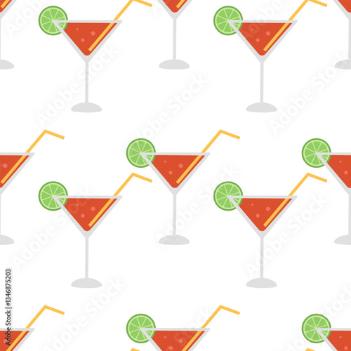 Seamless pattern with Cosmopolitan cocktails with lime and straw on white background. Summer refreshing alcoholic drink. Design for bar. Vector flat illustration for wallpaper, textile, packaging