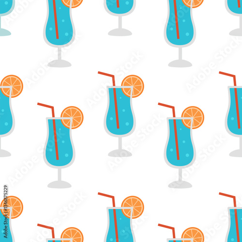Seamless pattern with Blue Lagoon cocktails with orange and straw on white background. Summer refreshing alcoholic drink. Design for bar. Vector flat illustration for wallpaper, textile, packaging
