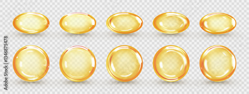 Golden oil capsule set isolated on transparent background. Realistic medicine pills with fish oil or omega 3. Vitamin supplement. 3D vector illustration