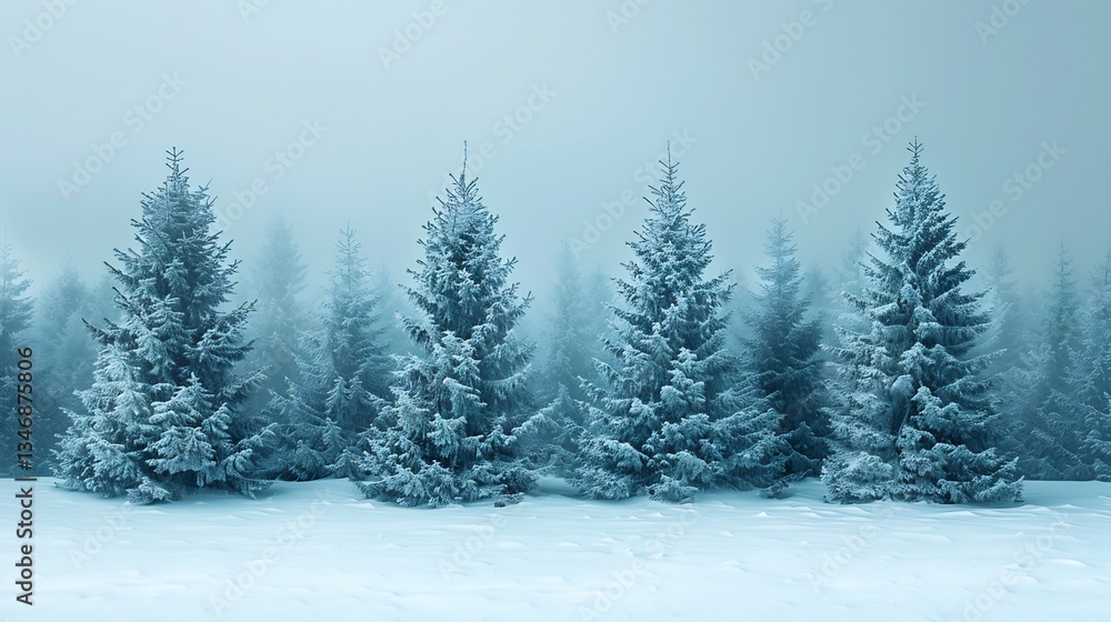 Peaceful snowy winter landscape pine trees subtle snowfall and copy space Peaceful snowy winter landscape pine trees subtle snowfall and copy space