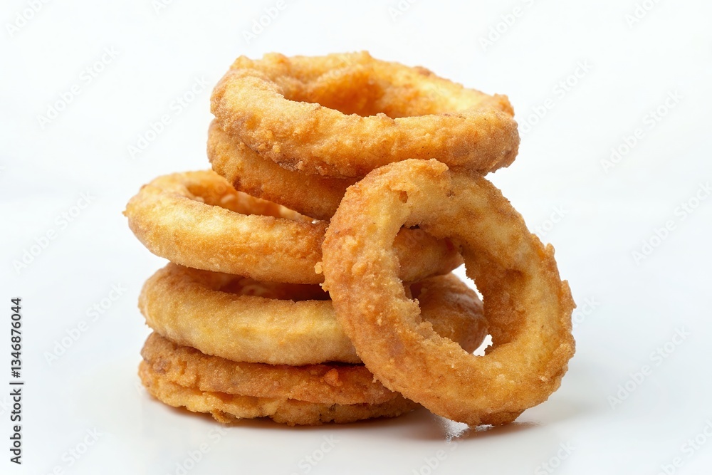 A tempting stack of golden-brown onion rings, crispy and delicious, perfect for a satisfying snack against a bright white background. A tempting stack of golden-brown onion rings, crispy and delicious, perfect for a satisfying snack against a bright white background.