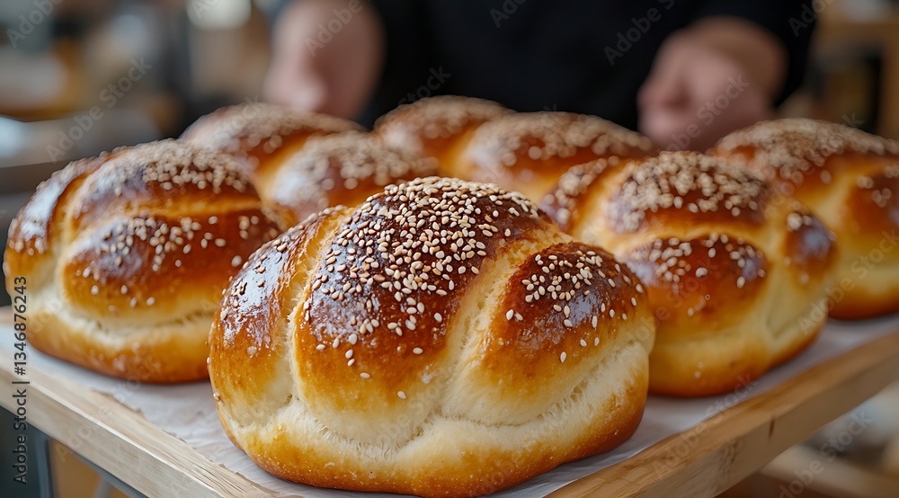 Freshly baked sesame bread rolls on display at a bakery in a bustling urban area Freshly baked sesame bread rolls on display at a bakery in a bustling urban area