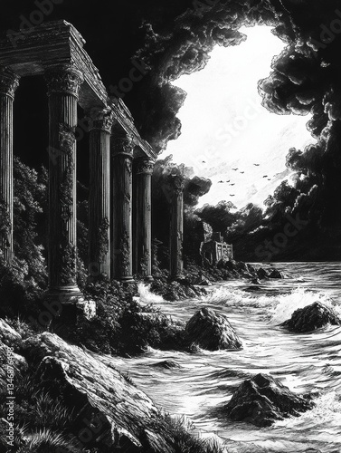 Wallpaper Mural Ancient ruins meet stormy sea in monochrome. Torontodigital.ca