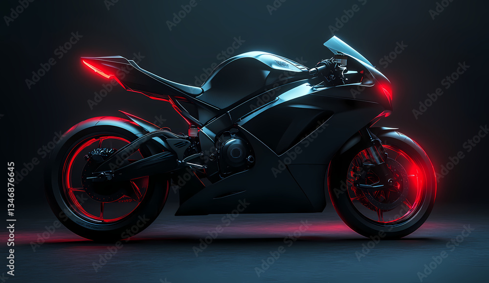 Fototapeta premium The Road's Silhouette: A sleek, black motorcycle, illuminated by radiant red lights, cutting a dynamic form against a dark, stylized backdrop, embodying speed and modern engineering.