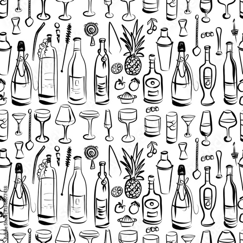 Doodles, hand drawn botles, glasses, alcoholic cocktails and soft drinks. Seamless pattern. Vector illustration. Martini bar menu design. Party time clipart for birthday or holiday. 
