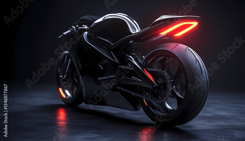 Wallpaper Mural Futuristic Motorcycle:  An angular, futuristic motorcycle, black as night, illuminated by red brake lights and gleaming chrome wheels, stands poised against a dark background. Torontodigital.ca