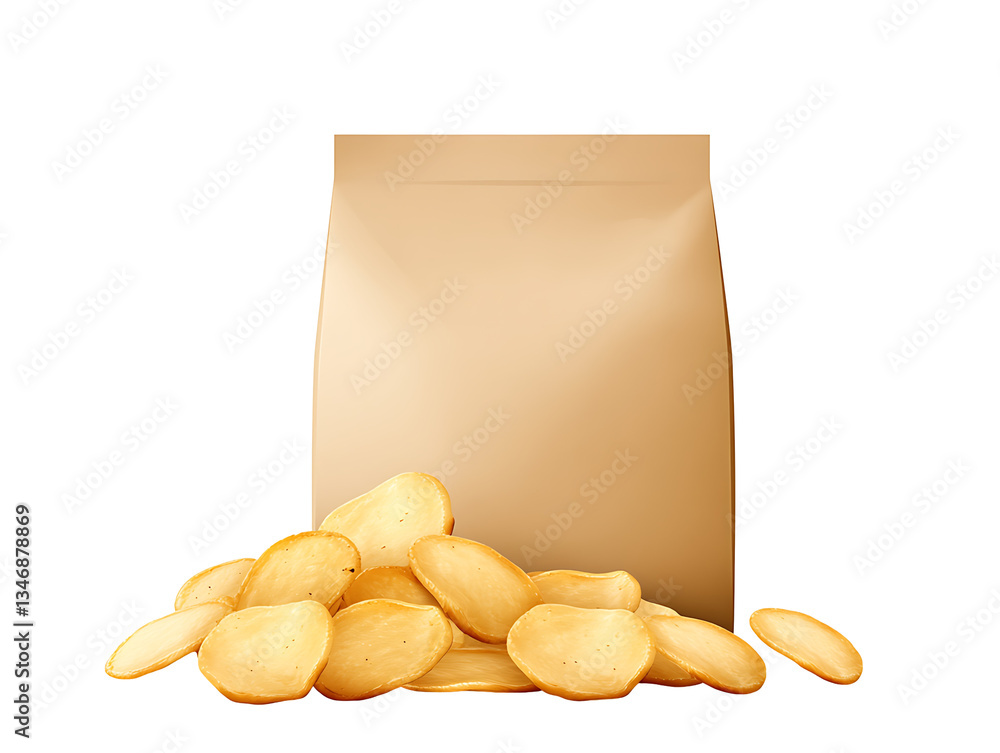A tempting pile of golden-brown crispy crackers spilling from a kraft paper bag, ready for a delightful snack. A tempting pile of golden-brown crispy crackers spilling from a kraft paper bag, ready for a delightful snack.